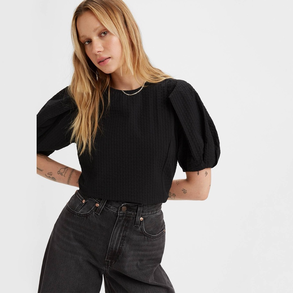 Levi’s Seersucker Puff Sleeve Zaida Blouse in Black - Size Medium